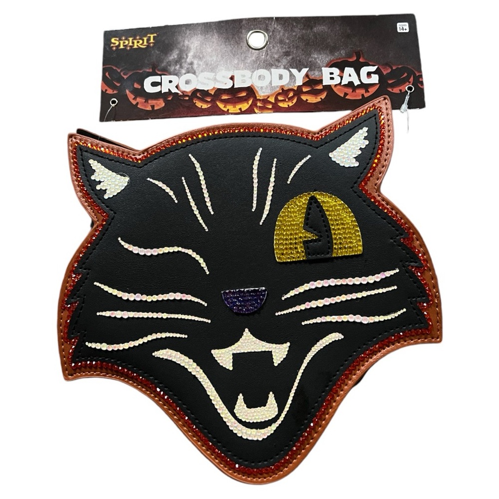 Customized Bedazzled Crossbody Winking Black Cat Handbag